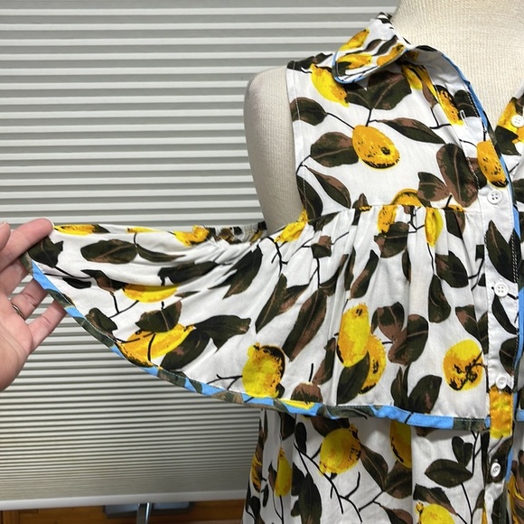 Entro NWT Off White Lemon Print Button Down Open Shoulder Ruffle Top - Picture 3 of 14